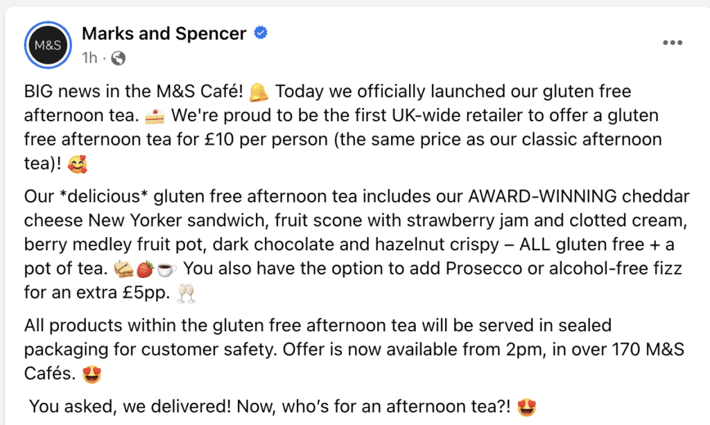 A screenshot of a Facebook post from Marks & Spencer accouncing the launch of their gluten-free afternoon tea.