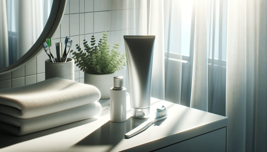 A picture of a bathroom with a toothbrush surrounded by other bathroom items on a counter top.