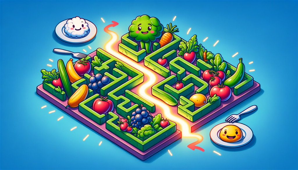 Cartoon illustration of a maze made out of vegetables and fruits representing the Low FODMAP diet