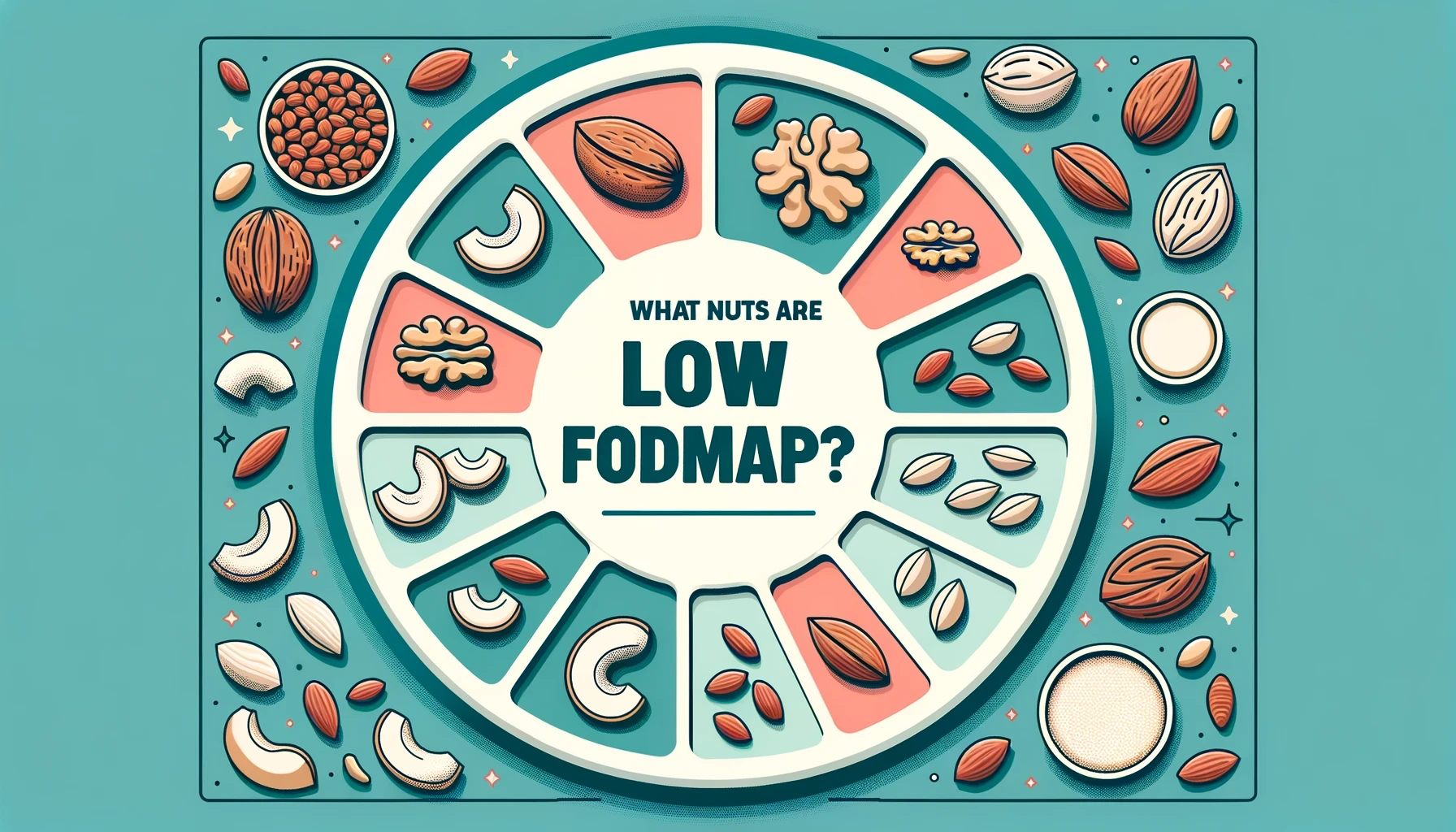 Featured image for a blog about what fruits are low FODMAP featuring a segmented plate, each segment containing a different type of nut
