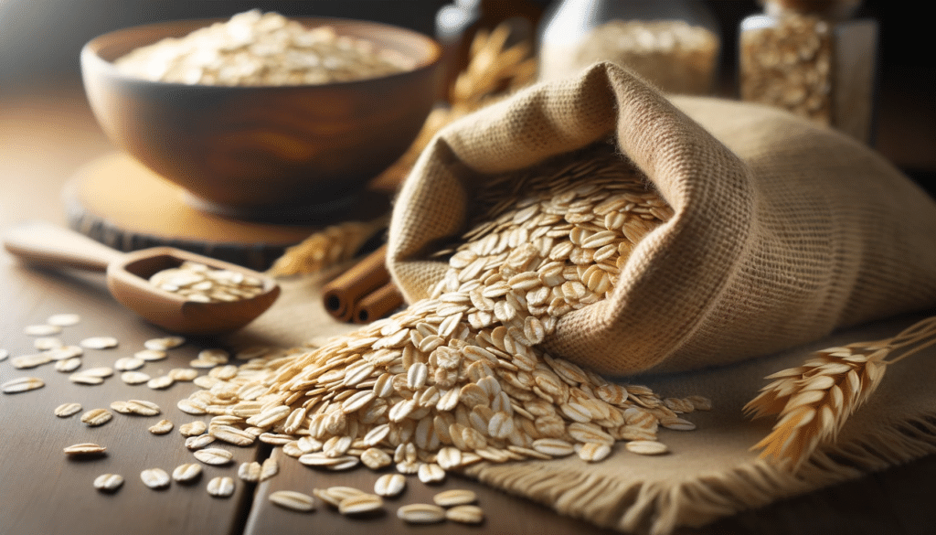 Photo of a close-up of oats spilling out of a bag with a bowl of oatmeal in the background