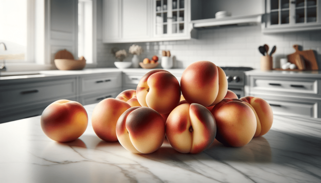 Photo of a pile of flawless ripe nectarines resting on a white marble kitchen countertop.