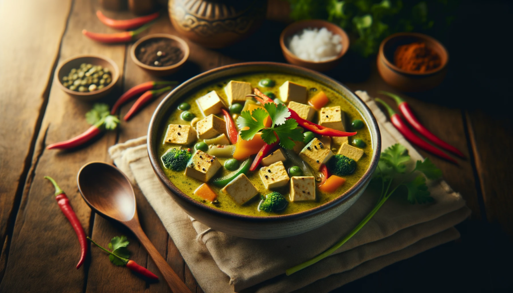  Photo of a steaming bowl of green Thai curry with visible tofu cubes, bell peppers, and a sprig of cilantro on top, placed on a wooden table