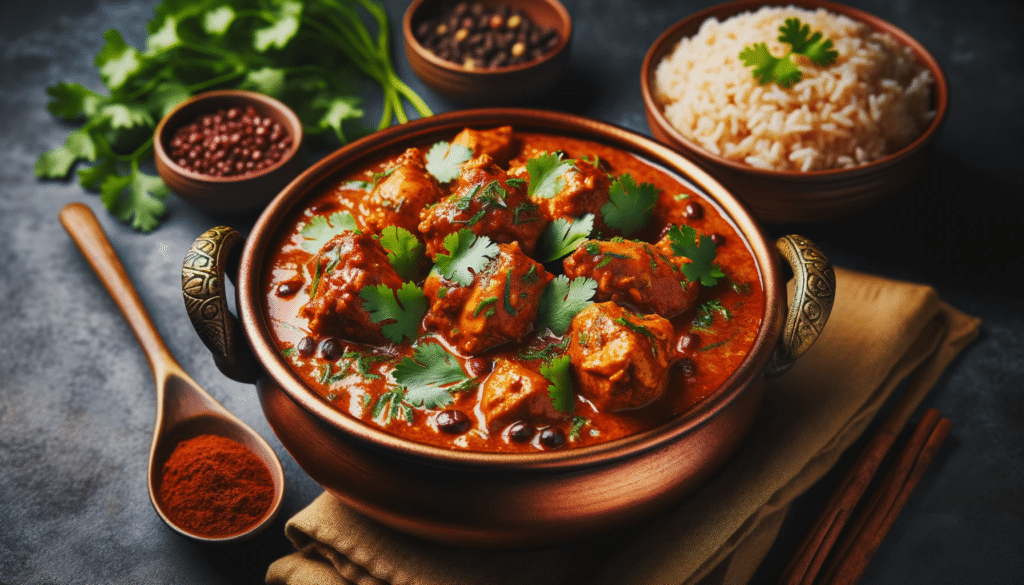 Photo of an Indian curry pot, with rich and spicy masala, chicken pieces peeking out, garnished with fresh coriander leaves