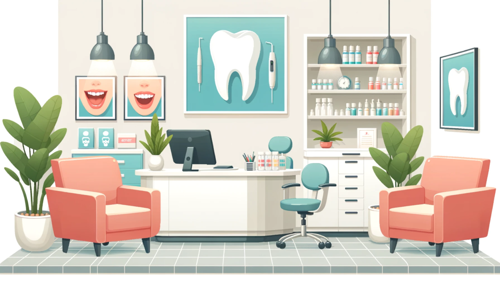 Vector design of a dental clinic reception area with comfortable chairs, a reception desk with a computer, dental-themed wall art, and a shelf display