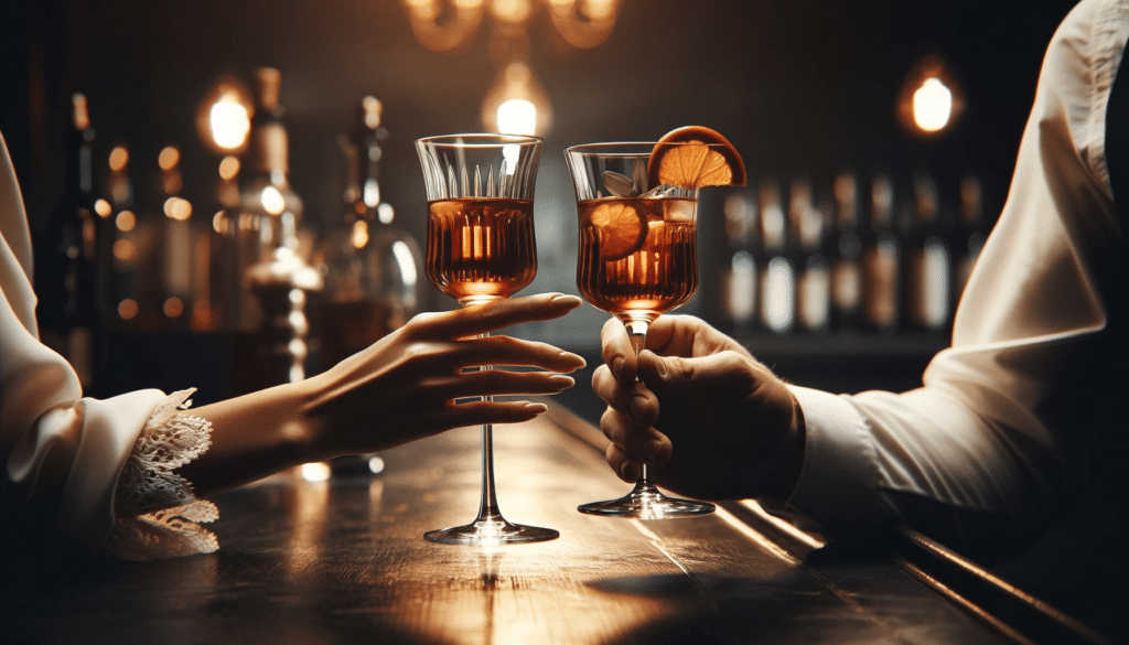 A close-up image featuring the hands of two people in a bar setting, about to clink glasses in a toast.