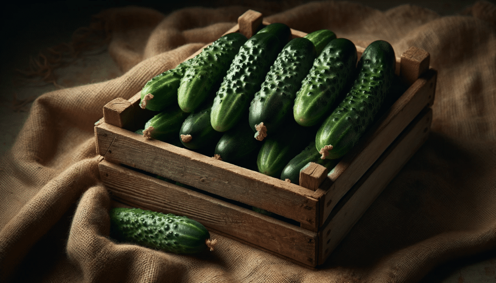 A close-up image of fresh pickling cucumbers with bumpy dark green skin, packed in a rustic wooden crate for an article all about are gherkins low FODMAP?