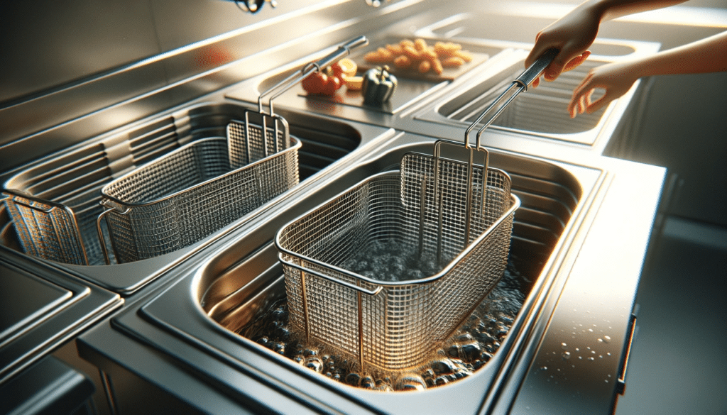 A commercial kitchen's deep-frying area with a focus on a stainless steel deep fryer