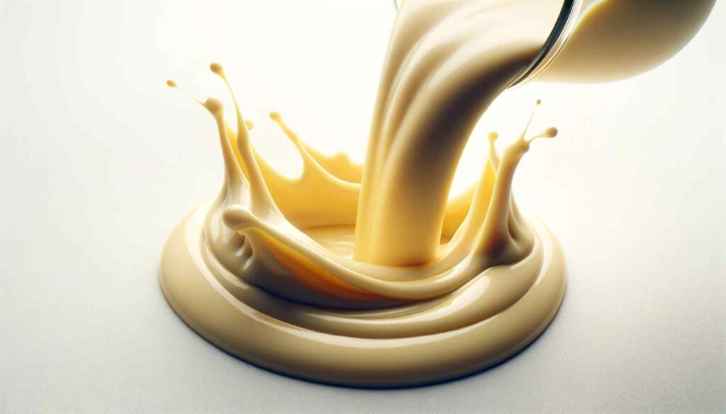 A high-resolution image of pale yellow custard being poured onto a white surface, capturing the motion of the pour