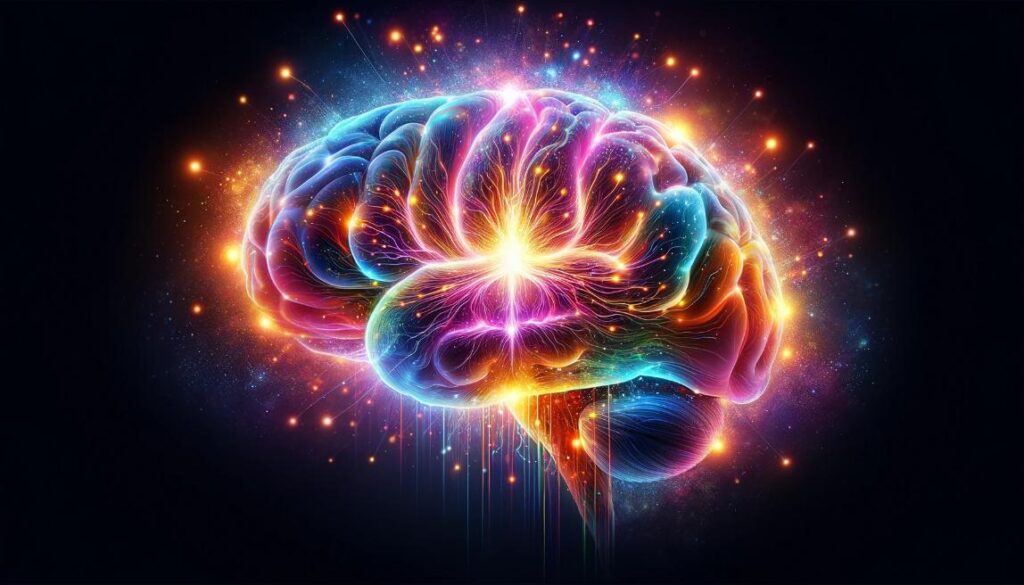 A human brain illuminated with bright, vibrant colors against a dark background, symbolizing enhancement of cognitive functions