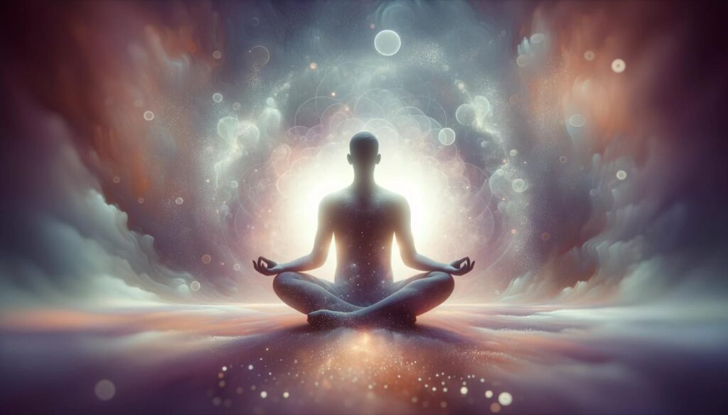 A person sitting in a relaxed, meditative pose, surrounded by soft, calming colors and gentle light, symbolizing stress management and mood stability