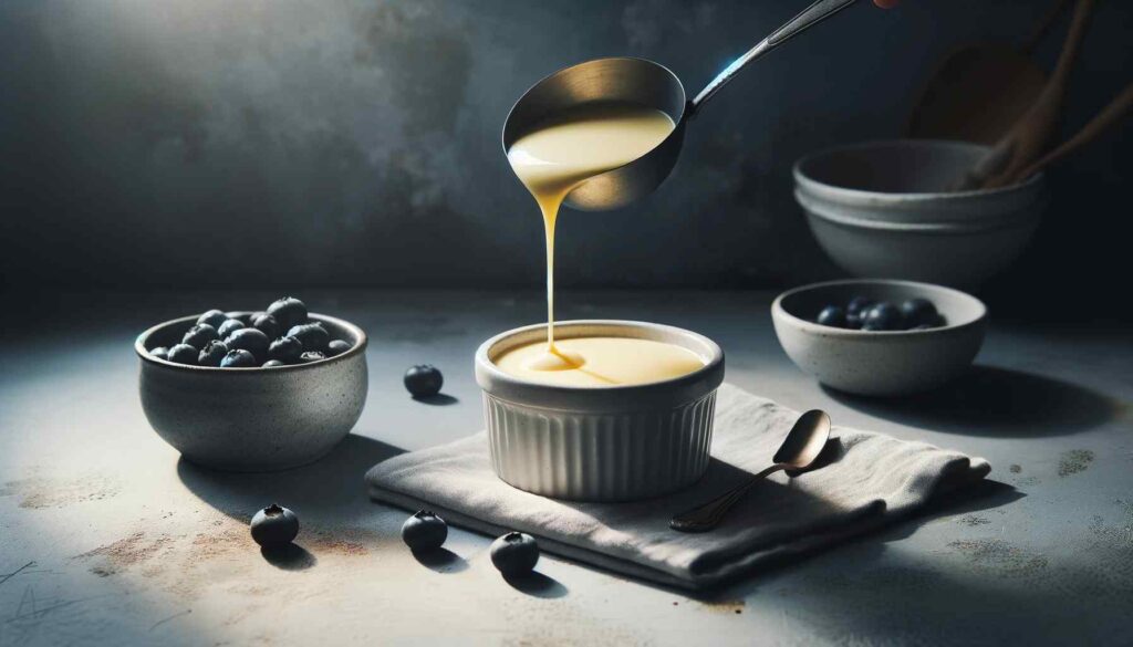 A serene, rustic kitchen scene. A white ceramic ramekin is placed on a textured grey surface resembling concrete