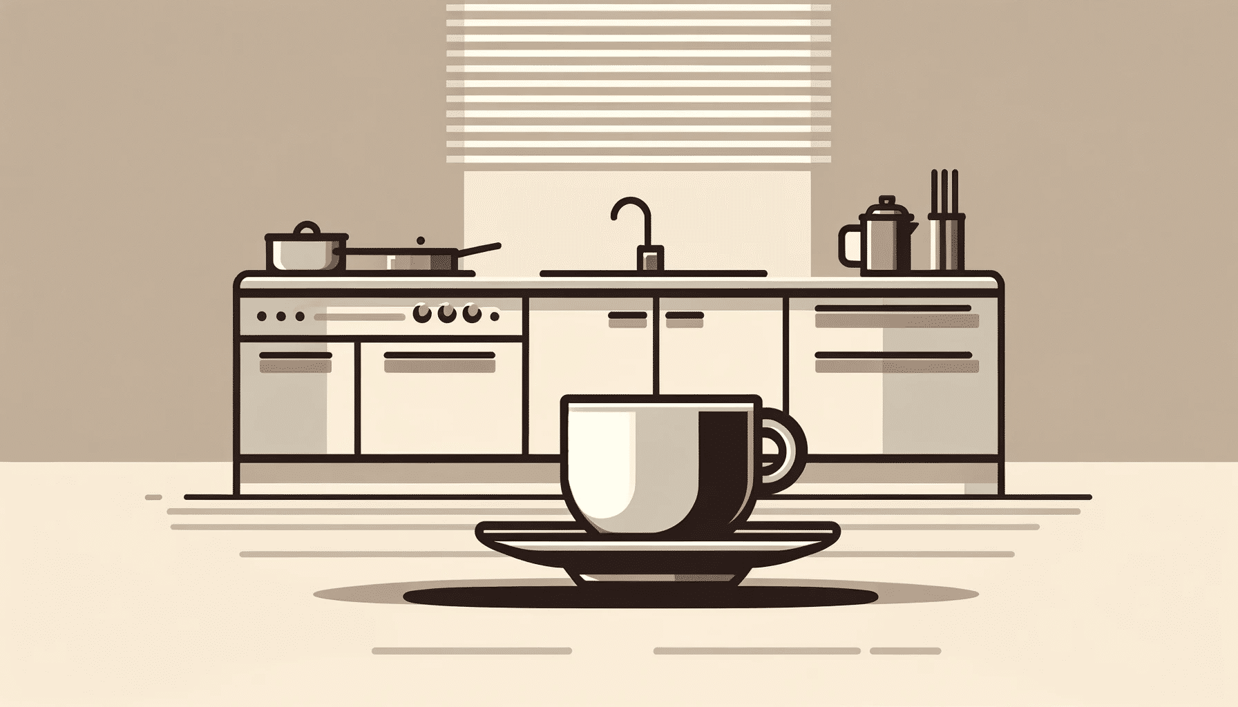 A vector graphic image of a coffee cup in a kitchen, designed in a simple, minimal style