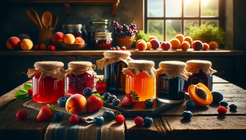 An image showing a variety of colorful homemade jams in glass jars, beautifully arranged on a rustic wooden table.