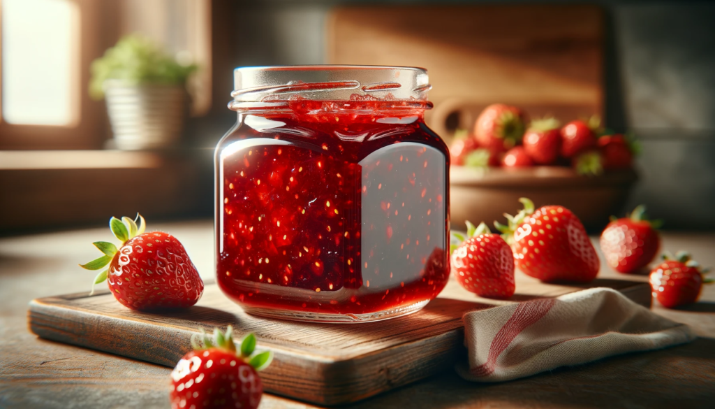 Close-up image of a jar of strawberry jam in a kitchen setting.