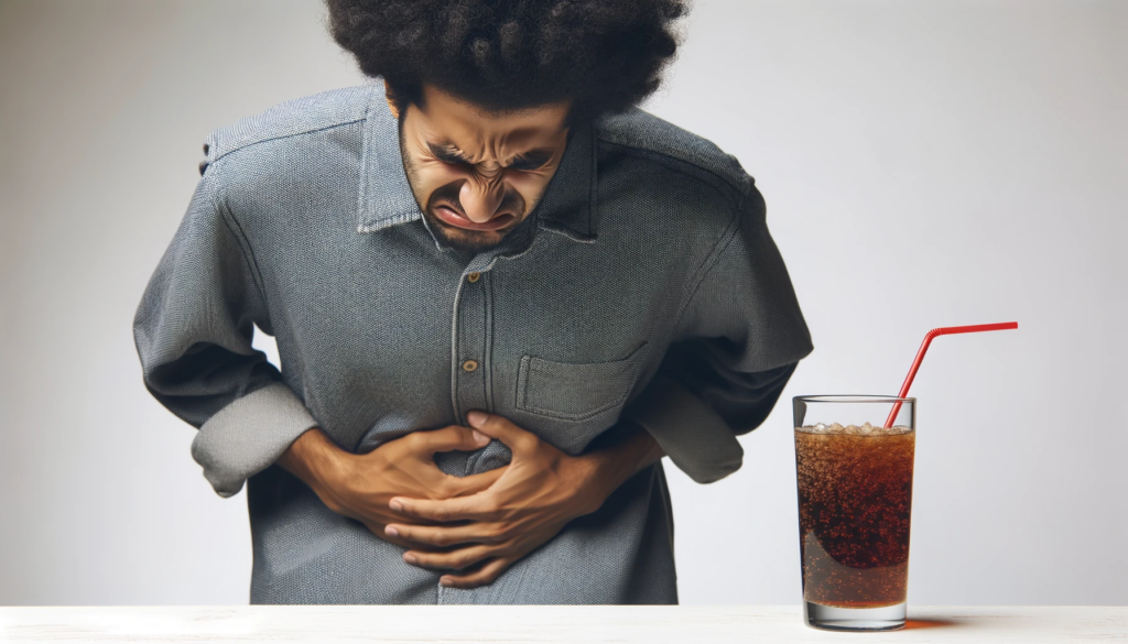 Photo of a person grimacing in discomfort, holding their stomach, with a glass of artificially sweetened drink next to them