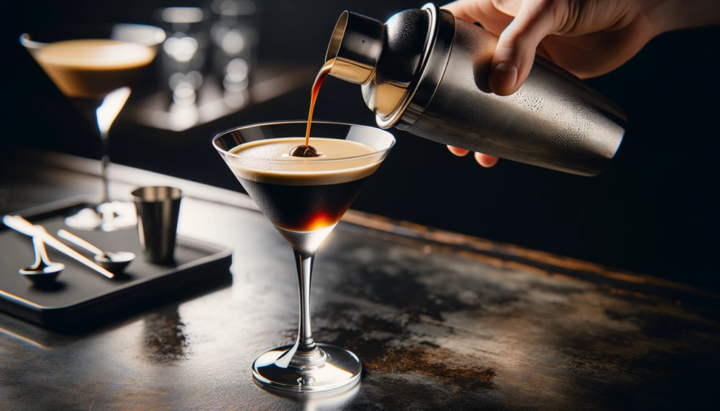 Photo showcasing a close-up of an Espresso Martini being poured from a stainless steel cocktail shaker into a chilled martini glass