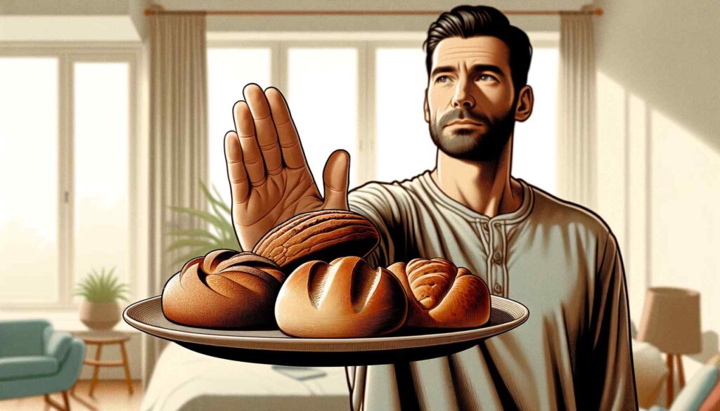 Illustrated image of a man holding up his hand rejecting gluten-containing food.