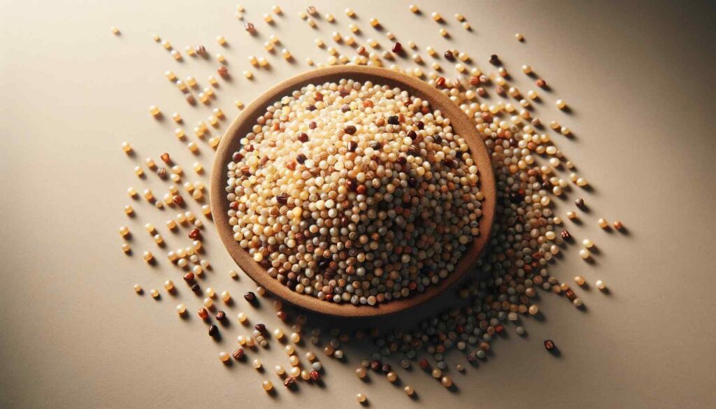 Uncooked quinoa grains scattered loosely on a neutral-toned surface, with a focus on the varied colors